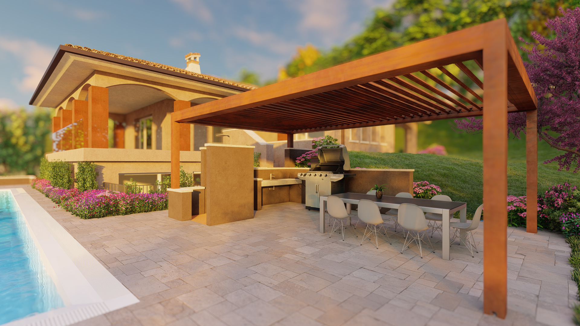 Studio Grafico Fattori Tobia render esterni - pergola bioclimatica alluminio corten