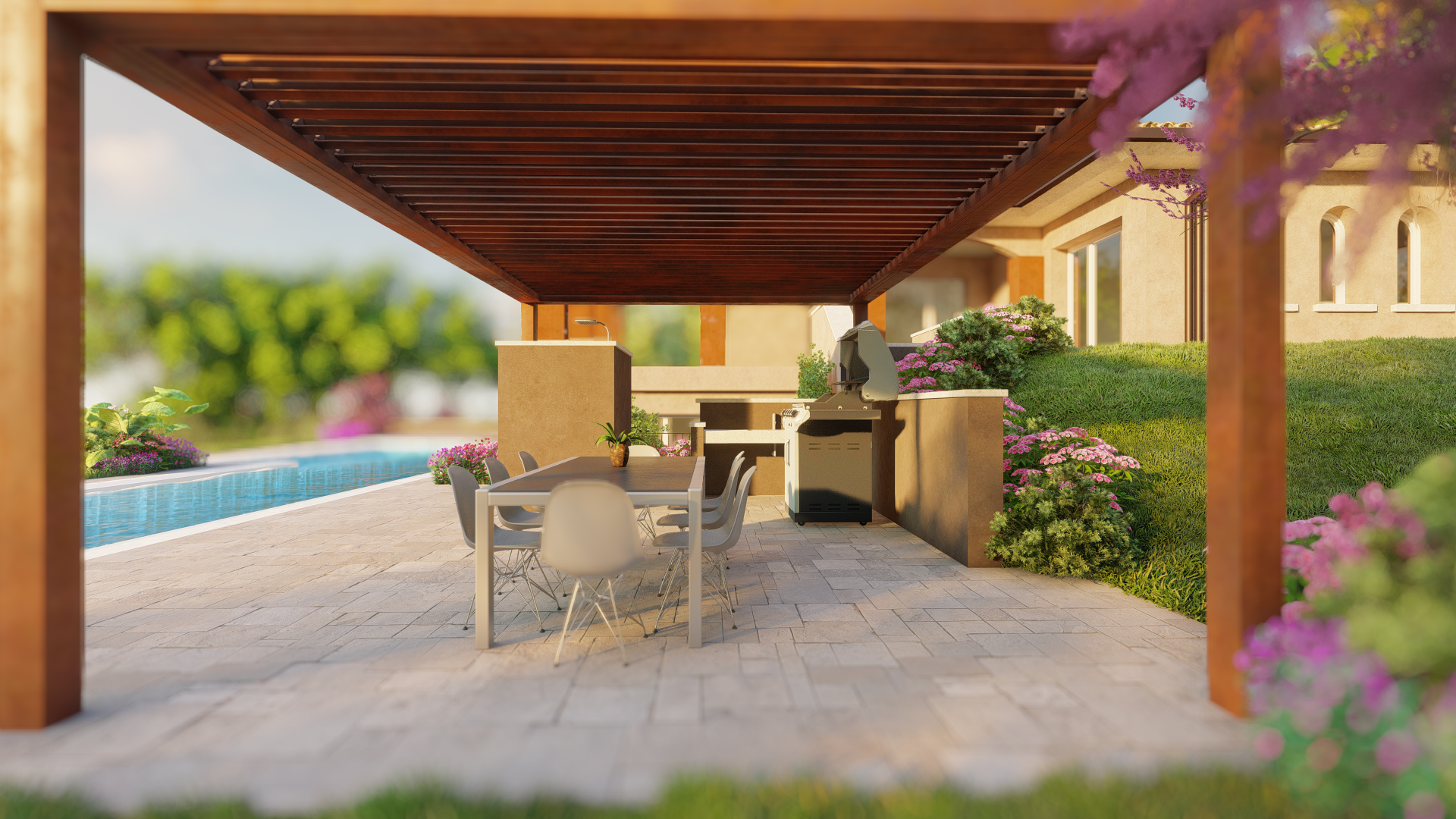 Studio Grafico Fattori Tobia render esterni - pergola bioclimatica alluminio corten